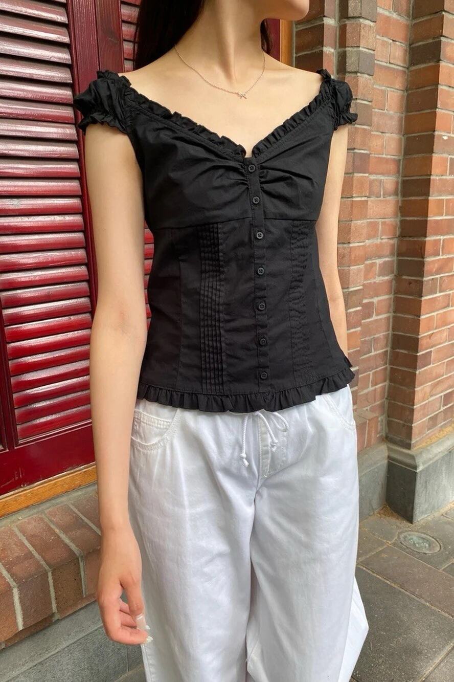 Brandy Melville Ruffled Neckline Off The Shoulder Black Top Sz 26 Cotton NWT